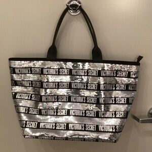 Victoria Secret Black and Silver Sequin Bling Tote Weekender Bag